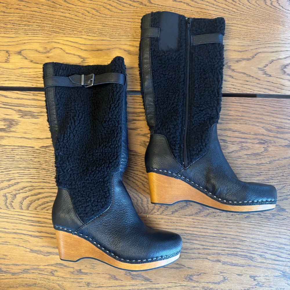 Kelsi Dagger Black Leather and Shearling Wedge Boots